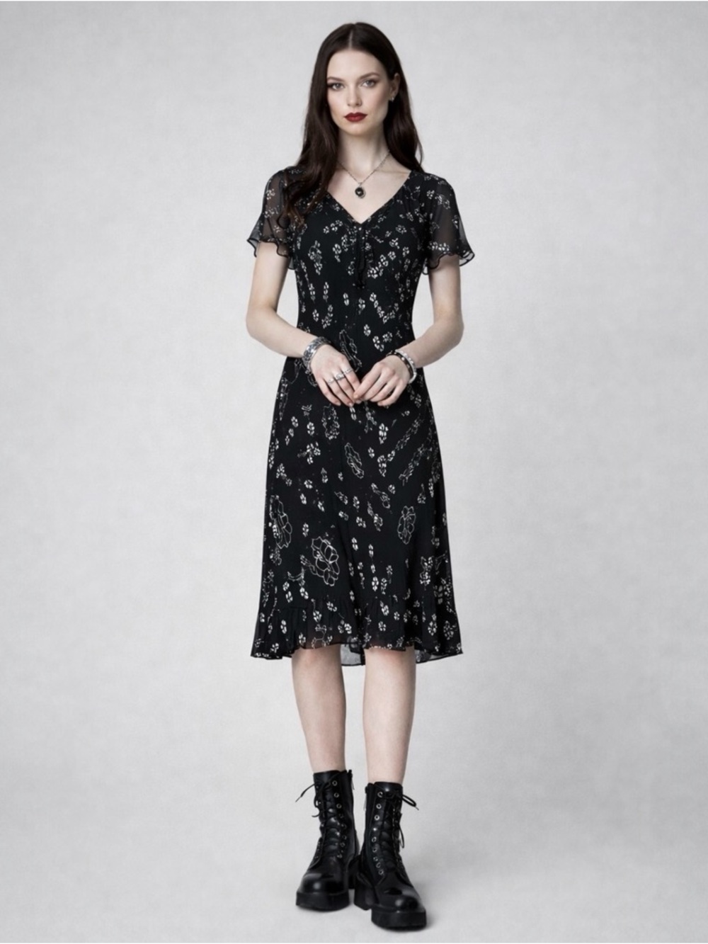 Vintage Eva Blue Black Floral Beaded Midi Dress 14 Fairy Whimsigoth Grunge